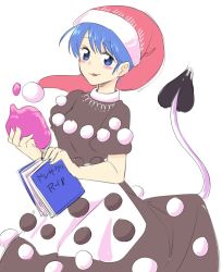 Rule 34 | 1girl, :p, bad id, bad twitter id, blob, blue eyes, blue hair, blush, blush stickers, book, cowboy shot, doremy sweet, dress, hat, looking at viewer, mana (gooney), matching hair/eyes, nightcap, pom pom (clothes), sketch, solo, tail, tapir tail, tongue, tongue out, touhou, white background