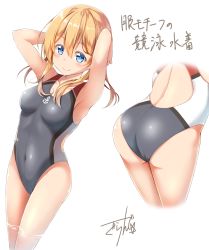 Rule 34 | 10s, 1girl, adapted costume, ass, blonde hair, blue eyes, breasts, competition swimsuit, covered navel, gurande (g-size), highres, kantai collection, medium breasts, multiple views, one-piece swimsuit, prinz eugen (kancolle), swimsuit, turnaround, twintails