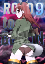 Rule 34 | 1girl, animal ears, ass, text background, black panties, closed mouth, commentary, copyright name, cowboy shot, dog ears, dog tail, english text, flying, frown, green jacket, gun, highres, holding, holding gun, holding weapon, jacket, long hair, long sleeves, looking at viewer, looking back, machine gun, mg42, military, military uniform, minna-dietlinde wilcke, multicolored sky, no pants, oinari (koheihei1109), outdoors, panties, red eyes, red hair, see-through, sky, solo, strike witches, striker unit, sweatdrop, tail, underwear, uniform, weapon, wind, world witches series