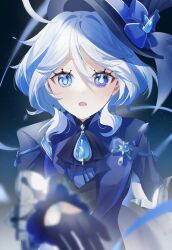 Rule 34 | 1girl, :o, ascot, black ascot, black gloves, blue bow, blue eyes, blue gemstone, blue hair, blue hat, blue jacket, blue ribbon, blurry, blurry foreground, blush, bow, brooch, commentary request, cowlick, dekitateomoti, depth of field, drop-shaped pupils, eyelashes, furina (genshin impact), gem, genshin impact, gloves, hair between eyes, hair intakes, half gloves, hand up, hat, hat bow, heterochromia, highres, jacket, jewelry, lapels, light particles, long sleeves, looking at viewer, multicolored hair, open clothes, open jacket, open mouth, ribbon, short hair, sidelocks, solo, streaked hair, swept bangs, symbol-shaped pupils, tilted headwear, top hat, upper body, white hair