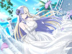 Rule 34 | 1girl, adjusting hair, arm up, armpit crease, banister, bare shoulders, blonde hair, blue flower, blue hair, blue sky, blunt bangs, blunt ends, blush, bouquet, bow, breasts, bride, center frills, choker, cleavage, cloud, cobblestone, collarbone, column, day, dress, elbow gloves, facial tattoo, falling petals, floating hair, floral print, floral print dress, flower, frilled dress, frills, gem, gloves, grey eyes, hair flower, hair ornament, hand in own hair, ivy, jewelry, lace, lace-trimmed dress, lace-trimmed gloves, lace trim, large breasts, leaf, lens flare, light particles, light rays, long hair, looking at viewer, mountain, mountainous horizon, multicolored hair, ocean, official alternate costume, official art, palm leaf, palm tree, petals, pillar, plant, potted plant, purple flower, purple petals, purple rose, rose, see-through, see-through cleavage, see-through dress, senran kagura, senran kagura new link, shiny skin, sky, smile, solo, sparkle, stairs, standing, suiren (senran kagura), sunbeam, sunflower, sunflower hair ornament, sunlight, tattoo, tiara, tree, two-tone hair, very long hair, vines, waist bow, water, wedding dress, white bow, white choker, white dress, white flower, white gloves, white rose, yaegashi nan