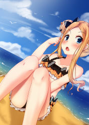 Rule 34 | 1girl, abigail williams (emerald float) (fate), abigail williams (fate), bare shoulders, beach, bikini, black bikini, black bow, blonde hair, blue eyes, blue sky, blush, bow, collarbone, day, double bun, emerald float, fang, fate/grand order, fate (series), forehead, frilled bikini, frills, hair bow, hair bun, highres, knees up, legs, long hair, looking at viewer, ocean, official alternate costume, open mouth, orange bow, parted bangs, sitting, sky, solo, striped, striped bow, swimsuit, thighs, zhai mu q