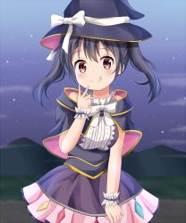 Rule 34 | 1girl, :q, bare shoulders, black capelet, black hair, black hat, blush, bow, brown eyes, capelet, closed mouth, cloud, commentary request, crystal, hair between eyes, hand up, hat, hat bow, head tilt, highres, kirara fantasia, koyuki (azumaya999), long hair, looking at viewer, mountain, night, night sky, outdoors, purple shirt, purple skirt, shirt, sidelocks, skirt, sky, sleeveless, sleeveless shirt, smile, solo, tongue, tongue out, twintails, urara meirochou, white bow, witch hat, wrist cuffs, yukimi koume