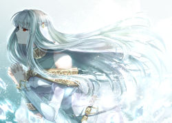 Rule 34 | 1girl, bare shoulders, breasts, delsaber, dress, fire emblem, fire emblem: the blazing blade, hair ornament, own hands clasped, ice, interlocked fingers, long hair, ninian, nintendo, own hands together, profile, red eyes, silver hair, solo, tears, upper body