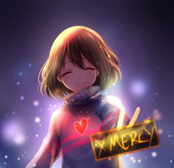 Rule 34 | ^ ^, androgynous, artist name, brown hair, closed eyes, english text, frisk (undertale), gameplay mechanics, gender request, glowing, head tilt, heart, highres, long sleeves, sasucchi95, smile, solo, striped clothes, striped sweater, sweater, undertale, upper body