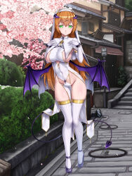 Rule 34 | 1girl, architecture, breast curtains, breasts, chain paradox, character request, cherry blossoms, clothes between thighs, clothing cutout, cocytus (wind master), commentary request, covered navel, cross, day, demon horns, demon tail, demon wings, east asian architecture, elbow gloves, falling petals, full body, gloves, green eyes, groin, habit, hair ornament, hairclip, high heels, highres, horns, large breasts, long hair, low wings, no bra, no panties, orange hair, outdoors, pavement, pelvic curtain, petals, pout, revealing clothes, shiny skin, sideboob, solo, standing, tail, thighhighs, thighs, very long hair, wings