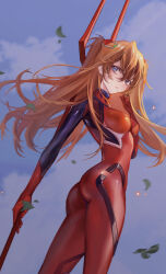 Rule 34 | 1girl, absurdres, ass, blue eyes, bodysuit, breasts, brown hair, cagl, curvy, hair between eyes, hair ornament, highres, huge ass, interface headset, lance of longinus (evangelion), long hair, looking at viewer, looking back, medium breasts, neon genesis evangelion, pilot suit, plugsuit, polearm, red bodysuit, shiny clothes, simple background, sky, solo, souryuu asuka langley, standing, two side up, very long hair, weapon, wind
