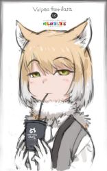 Rule 34 | 10s, 1girl, animal ears, artist name, blonde hair, character name, coffee cup, copyright name, cup, disposable cup, drinking, drinking straw, fox ears, gradient hair, japari symbol, kemono friends, logo, multicolored hair, official art, scarf, simple background, solo, tibetan fox (kemono friends), upper body, white background, yellow eyes, yoshizaki mine