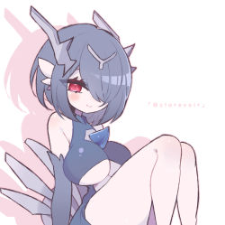 Rule 34 | 1girl, aliceyawnin, artist name, bare shoulders, blue dress, blue hair, blush, bob cut, breasts, cleavage cutout, closed mouth, clothing cutout, colored skin, creatures (company), dialga, dress, drop shadow, elbow gloves, female focus, fusion, game freak, gardevoir, gen 3 pokemon, gen 4 pokemon, gloves, grey gloves, hair over one eye, half-closed eyes, happy, headgear, highres, knees up, large breasts, legendary pokemon, looking at viewer, nintendo, outline, pink outline, pokemon, pokemon (creature), red eyes, shiny clothes, short dress, short hair, simple background, sitting, smile, solo, twitter username, underboob, underboob cutout, watermark, white background, white skin