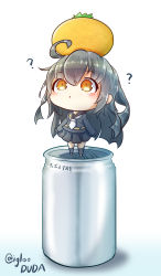 Rule 34 | 1girl, ?, ahoge, asimo953, black hair, black serafuku, brown eyes, can, chibi, commentary request, crescent, crescent pin, drink can, food, food on head, fruit, fruit on head, full body, highres, kantai collection, long hair, long sleeves, looking up, mandarin orange, mikazuki (kancolle), necktie, object on head, sailor collar, school uniform, serafuku, soda can, solo, standing, translation request, twitter username, white background