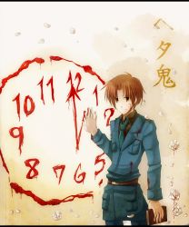 Rule 34 | 1boy, ahoge, axis powers hetalia, belt, blood, blood on clothes, book, brown eyes, brown hair, buttons, chienoir, clock, collared shirt, copyright name, cuts, flower, hetaoni, holding, injury, letterboxed, light smile, male focus, military, military uniform, necktie, northern italy (hetalia), pocket, shirt, solo, uniform