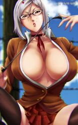 Rule 34 | 10s, 1girl, breasts, chromatic aberration, female focus, glasses, highres, holding, holding riding crop, large breasts, prison school, riding crop, school uniform, screencap, shiraki meiko, short hair, silver hair, solo, whip