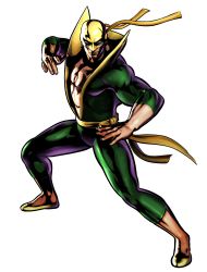 Rule 34 | 1boy, absurdres, capcom, fighting stance, full body, highres, iron fist (marvel), male focus, marvel, marvel vs. capcom, marvel vs. capcom 3, mask, mori toshiaki, muscular, official art, simple background, solo, sword, weapon
