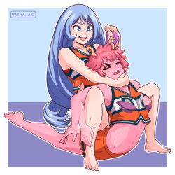 Rule 34 | 2girls, absurdres, ashido mina, black sclera, blue background, blue hair, boku no hero academia, breasts, camel clutch, cheerleader, colored sclera, colored skin, fighting, hadou nejire, highres, long hair, medium breasts, multiple girls, pink hair, pink skin, short hair, simple background, submission hold, thong, torn clothes, very long hair, wrestling, yellow eyes, yuri