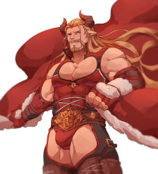 Rule 34 | 1other, absurdres, bara, bare shoulders, beard, blonde hair, blue eyes, briefs, bulge, cape, cleavage cutout, clothing cutout, commentary request, covered abs, crotchless, crotchless pants, draph, earrings, facial hair, feet out of frame, fur-trimmed cape, fur trim, granblue fantasy, guoguo, highres, horns, jewelry, ladiva, large pectorals, long hair, looking at viewer, male focus, male underwear, mature male, muscular, muscular male, pants, pectoral cleavage, pectorals, pointy ears, red cape, solo, thick thighs, thigh cutout, thighs, underwear, wind, wrestling outfit