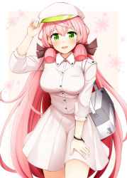 Rule 34 | 1girl, :d, akashi (kancolle), alternate costume, breasts, buttons, dress, green eyes, hair ribbon, hat, kantai collection, large breasts, long hair, long sleeves, open mouth, pink hair, red ribbon, ribbon, rui shi (rayze ray), smile, solo, tress ribbon, white dress, white hat