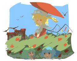 Rule 34 | 3girls, angry, bat (animal), blonde hair, blue bow, blue hair, blue sky, bow, bush, cirno, daiyousei, expressionless, finger to mouth, flandre scarlet, green hair, hair bow, hat, hiding, holding, holding umbrella, looking at another, looking down, mob cap, multiple girls, no lineart, one side up, outdoors, parasol, puffy short sleeves, puffy sleeves, red eyes, red vest, scarlet devil mansion, shirt, short hair, short sleeves, shushing, sky, sparkle71059204, touhou, umbrella, under umbrella, vest, white shirt, wings, worried, yellow bow