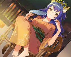 Rule 34 | 1girl, :3, anchovy (fish), animal ears, barefoot, bell, blue hair, brown eyes, buuta, cat ears, cat tail, chair, dutch angle, feet on chair, hair ribbon, hand fan, highres, indoors, japanese clothes, jingle bell, kimono, long hair, looking at viewer, necogurashi, official art, orange kimono, paper fan, ribbon, sitting, smile, solo, tail, uchiwa, wide sleeves, yellow ribbon