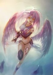 Rule 34 | 10s, 1girl, angel wings, asymmetrical legwear, breasts, spiked halo, crop top, feathered wings, geureong geureong, gloves, halo, highres, jibril (no game no life), large breasts, long hair, low wings, magic circle, midriff, mismatched legwear, ms7032121, navel, no game no life, open mouth, pink hair, sideboob, solo, stomach, tattoo, thighhighs, white wings, wing ears, wings, yellow eyes