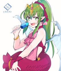 Rule 34 | 1girl, artist name, bracelet, dragon wings, eri (erikiri), fire emblem, fire emblem: mystery of the emblem, fire emblem heroes, food, green eyes, green hair, hair ribbon, highres, jewelry, long hair, nintendo, open mouth, pink one-piece swimsuit, pointy ears, ponytail, popsicle, red ribbon, ribbon, simple background, solo, swimsuit, tiara, tiki (fire emblem), tiki (young) (fire emblem), white background, wings