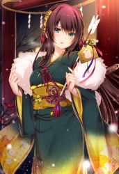 Rule 34 | 1girl, aqua eyes, arrow (projectile), bell, blush, breath, brown hair, charm, ema, floral print, flower knight girl, hair between eyes, hair ornament, hamaya, highres, japanese clothes, jingle bell, kerria (flower knight girl), kimono, long hair, long sleeves, looking at viewer, monety, monkey, new year, obi, original, outdoors, parted lips, rope, sash, shimenawa, solo, very long hair, wide sleeves, yamabuki (flower knight girl)