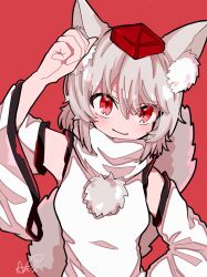 Rule 34 | 1girl, akuta neko, animal ear fluff, animal ears, blush, chinese commentary, commentary request, detached sleeves, hand up, hat, highres, inubashiri momiji, looking at viewer, medium hair, pom pom (clothes), red background, red hair, red hat, shirt, signature, smile, solo, tail, tokin hat, touhou, turtleneck, upper body, white hair, white shirt, white sleeves, wide sleeves, wolf ears, wolf girl, wolf tail