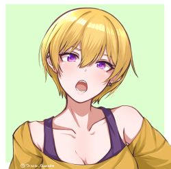 Rule 34 | 1girl, :o, absurdres, blonde hair, collarbone, commentary, disco brando, earrings, green background, hair between eyes, highres, idolmaster, idolmaster shiny colors, jewelry, looking at viewer, off shoulder, open mouth, purple eyes, saijo juri, short hair, simple background, solo