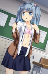 Rule 34 | 1girl, :o, black ribbon, black skirt, blazer, blue eyes, bow, bow bra, bra, breasts, brown jacket, chair, classroom, clothes pull, commentary, commission, desk, dress shirt, grey hair, hair bobbles, hair ornament, highres, indoors, jacket, jacket pull, long sleeves, looking to the side, medium hair, miagete goran yozora no hoshi wo, miniskirt, navel, neck ribbon, parted lips, pink bra, pleated skirt, pulling own clothes, ribbon, school chair, school desk, shirt, skeb commission, skirt, small breasts, solo, standing, two side up, underwear, undone neck ribbon, undressing, vierosky, yamada hinami