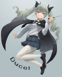 Rule 34 | 10s, 1girl, absurdres, anchovy (girls und panzer), belt, black footwear, black skirt, blue background, cape, dress shirt, drill hair, emblem, english text, full body, girls und panzer, green hair, grin, highres, holding, holding riding crop, loafers, long hair, long sleeves, looking at viewer, miniskirt, necktie, pantyhose, pleated skirt, red eyes, riding crop, school uniform, shirt, shoes, skirt, smile, solo, t@kuyoa, twin drills, twintails, white pantyhose, white shirt