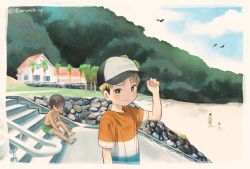 Rule 34 | 4boys, barefoot, baseball cap, bird wings, black hair, blonde hair, blue sky, child, closed mouth, cloud, cloudy sky, commentary request, dark skin, father and son, flip-flops, flying, grass, green eyes, green shorts, hat, house, kimura b, looking at viewer, male focus, mountainous horizon, multicolored clothes, multiple boys, original, outdoors, palm tree, rock, sand, sandals, shirt, short hair, short sleeves, shorts, sky, smile, stairs, topless male, tree, wings