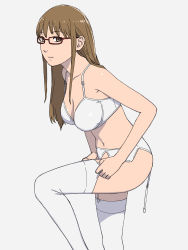 Rule 34 | 1girl, bra, breasts, brown eyes, brown hair, cleavage, commentary, dressing, feet out of frame, female focus, glasses, highres, long hair, looking at viewer, looking to the side, matching hair/eyes, medium breasts, navel, onsen tamago (hs egg), panties, red-framed eyewear, simple background, solo, soredemo machi wa mawatteiru, tatsuno toshiko, thighhighs, thighs, underwear, white background, white bra, white panties, white thighhighs
