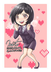 Rule 34 | 1girl, black hair, blush, brown eyes, commentary request, dated, full body, heart, heart background, heavy breathing, high heels, highres, kengan (series), kengan ashura, knees together feet apart, matsuda tomoko, miniskirt, mito amatsu, mole, mole under mouth, office lady, pencil skirt, short hair, signature, skirt, solo, twitter username, wavy mouth