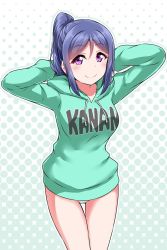 Rule 34 | 1girl, arms behind head, blue hair, blush, character name, clothes writing, commentary request, drawstring, green hoodie, halftone, halftone background, hood, hood down, hoodie, long sleeves, looking at viewer, love live!, love live! sunshine!!, matsuura kanan, no pants, outline, panties, ponytail, purple eyes, sidelocks, smile, solo, thigh gap, underwear, yopparai oni