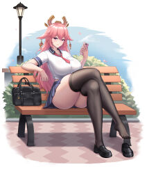 Rule 34 | 1girl, absurdres, alternate costume, animal ears, arm rest, bad id, bad pixiv id, bag, bench, bibita, black bag, black footwear, black thighhighs, blush, breasts, bush, buttons, cellphone, chinese commentary, closed mouth, collared shirt, commentary request, contemporary, crop top, crossed legs, dress shirt, earrings, falling petals, feet, floppy ears, fox ears, full body, genshin impact, hair ornament, hand up, highres, holding, holding phone, jewelry, lamppost, large breasts, leaning back, legs, loafers, long hair, looking at viewer, miniskirt, necktie, on bench, outdoors, petals, phone, pink hair, pleated skirt, pocket, purple eyes, purple skirt, red necktie, school bag, school uniform, shirt, shoes, short necktie, short sleeves, sidelocks, single shoe, sitting, skirt, smartphone, smile, solo, taut clothes, taut shirt, thighhighs, thighs, toes, unworn shoe, unworn shoes, white background, white shirt, wooden bench, yae miko