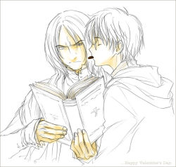 Rule 34 | 2boys, annotated, annoyed, book, chocolate, harry potter, harry potter (series), long sleeves, male focus, monochrome, mouth hold, multiple boys, open book, reading, severus snape, simple background, spot color, upper body, valentine, white background, wizarding world, yaoi, yukipon