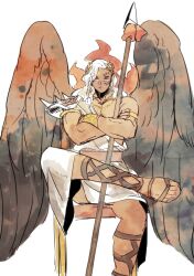 Rule 34 | 1boy, ancient greek clothes, asymmetrical hair, batterietyp215, black wings, dark-skinned male, dark skin, facial hair, facial tattoo, greco-roman clothes, highres, holding, king (one piece), long hair, looking at viewer, male focus, one piece, solo, tattoo, weapon, white hair, wings