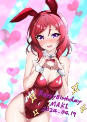 Rule 34 | 1girl, animal ears, bare shoulders, blush, breasts, character name, cleavage, contrapposto, covered navel, dated, detached collar, fake animal ears, furrowed brow, groin, happy birthday, heart, heart hands, highres, leotard, looking at viewer, love live!, love live! school idol project, medium breasts, medium hair, nishikino maki, open mouth, playboy bunny, purple eyes, rabbit ears, red hair, red leotard, sidelocks, solo, standing, strapless, strapless leotard, uma (uma mohumohu), upper body, wrist cuffs