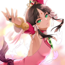 Rule 34 | 1girl, ace attorney, armpits, arms up, artist name, bell, bibi (bibian0115), black hair, blurry, breasts, bug, butterfly, closed mouth, depth of field, detached sleeves, dress, facial mark, female focus, forehead mark, foreshortening, gem, green eyes, hair ribbon, highres, insect, jewelry, jingle bell, jpeg artifacts, long hair, looking at viewer, outstretched arm, phoenix wright: ace attorney - spirit of justice, pink dress, pink sleeves, rayfa padma khura&#039;in, reaching, reaching towards viewer, red gemstone, ribbon, ring, sash, sidelocks, signature, sleeveless, sleeveless dress, small breasts, solo, tiara, twitter username, upper body, white ribbon, yellow headwear