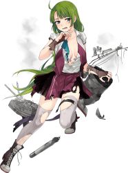 Rule 34 | 1girl, ahoge, boots, bow, bowtie, braid, breasts, collarbone, cross-laced footwear, fujikawa, full body, green hair, grey thighhighs, halterneck, kantai collection, lace-up boots, long hair, machinery, medium breasts, mole, mole under mouth, official art, open mouth, pleated skirt, purple thighhighs, rigging, school uniform, shirt, short sleeves, single braid, skirt, solo, thighhighs, torn clothes, torn thighhighs, torpedo, transparent background, turret, very long hair, vest, white shirt, yuugumo (kancolle), yuugumo kai ni (kancolle)