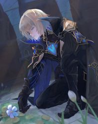 Rule 34 | 1boy, black footwear, black gloves, blonde hair, blue eyes, boots, closed mouth, commentary request, dainsleif (genshin impact), flower, genshin impact, gloves, hair between eyes, half mask, high collar, highres, holding, male focus, mask, mask over one eye, mumu vosp, on one knee, solo, white flower