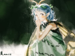 Rule 34 | 1girl, antennae, aqua hair, brown eyes, butterfly wings, congming lan, dated, dress, eternity larva, fairy, green dress, insect wings, leaf, leaf on head, looking at viewer, multicolored clothes, multicolored dress, one-hour drawing challenge, short hair, signature, single strap, solo, touhou, wings