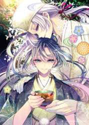 Rule 34 | 2boys, artist name, blue eyes, cup, drinking glass, floral print, gloves, hair ribbon, hand on shoulder, hat, holding, holding cup, long hair, looking at viewer, male focus, multiple boys, original, pale skin, ponytail, ribbon, takewakamaru, upper body, white gloves, white hair, white hat