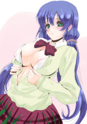 Rule 34 | 10s, 1girl, areola slip, blush, bow, bowtie, breasts, collared shirt, covered erect nipples, frapowa, green eyes, large breasts, long hair, long sleeves, love live!, love live! school idol project, no bra, open clothes, open shirt, parted lips, purple hair, school uniform, scrunchie, shirt, skirt, solo, striped bow, striped bowtie, striped clothes, striped neckwear, sweater, tojo nozomi, twintails