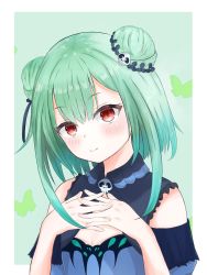 Rule 34 | 1girl, bare shoulders, blue dress, blue sleeves, blush, breasts, cleavage, closed mouth, commentary request, detached sleeves, double bun, dress, green background, green eyes, hair bun, hair ornament, head tilt, highres, hololive, looking at viewer, puffy sleeves, sidelocks, sirotuki ito, skull hair ornament, sleeveless, sleeveless dress, small breasts, smile, solo, two-tone background, upper body, uruha rushia, uruha rushia (1st costume), virtual youtuber, white background