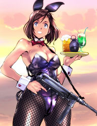 Rule 34 | 1girl, alcohol, animal ears, beer, black pantyhose, breasts, brown hair, cleavage, collarbone, commentary request, detached collar, explosive, fake animal ears, fishnet pantyhose, fishnets, grenade, gun, hair ornament, hairclip, kamisimo 90, leotard, machine gun, medium hair, mp40, open mouth, original, outdoors, pantyhose, playboy bunny, rabbit ears, solo, standing, submachine gun, tray, weapon, wrist cuffs