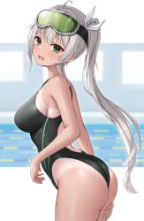 Rule 34 | 1girl, absurdres, ahoge, ass, black one-piece swimsuit, breasts, commission, competition swimsuit, cowboy shot, diving mask, diving mask on head, goggles, goggles on head, green eyes, grey hair, highleg, highleg swimsuit, highres, indie virtual youtuber, kotoha rimu, lane line, long hair, medium breasts, ncontrail (mgax7527), one-piece swimsuit, one-piece tan, open mouth, pool, sideboob, skeb commission, solo, swimsuit, tan, tanline, twintails, virtual youtuber