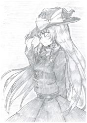 Rule 34 | 1girl, belt, bow, braid, buttons, closed mouth, coat, collar, cowboy shot, frills, graphite (medium), greyscale, hair bow, hand on headwear, hat, hat bow, highres, kirisame marisa, long hair, long sleeves, mahiro (akino-suisen), monochrome, side braid, single braid, skirt, snow, snow on head, solo, touhou, traditional media, trench coat, turtleneck, very long hair, witch hat