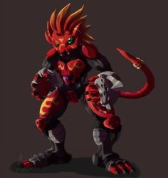 Rule 34 | 1boy, armor, beta design, claws, digimon, digimon (creature), digimon frontier, flamon, gloves, green eyes, highres, looking at viewer, male focus, shadow, solo, tail