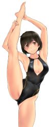 Rule 34 | 1girl, armpits, arms behind head, arms up, bare shoulders, black one-piece swimsuit, blush, breasts, brown eyes, brown hair, center opening, cleavage, collarbone, flexible, grin, highleg, highleg swimsuit, highres, hiryuu (kancolle), kantai collection, kneepits, large breasts, leg lift, leg up, legs, one-piece swimsuit, short hair, simple background, smile, solo, split, standing, standing on one leg, standing split, stretching, swimsuit, thighs, wa (genryusui), white background