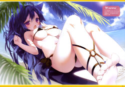 Rule 34 | 1girl, absurdres, animal ears, arms at sides, ass, barefoot, beach, bikini, black bikini, black hair, blurry, breasts, cloud, cloudy sky, day, depth of field, feet, hand to own mouth, highres, long hair, looking at viewer, lying, medium breasts, micro bikini, navel, on back, open mouth, original, outdoors, palm tree, reclining, red eyes, scan, side-tie bikini bottom, sky, soles, solo, sun, swimsuit, toes, tree, underboob, water, yoruneko